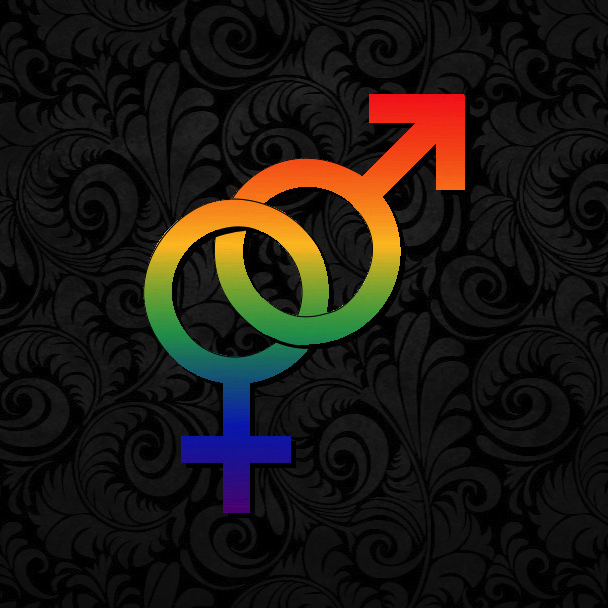 Male and Female Symbols joined together with rainbow background